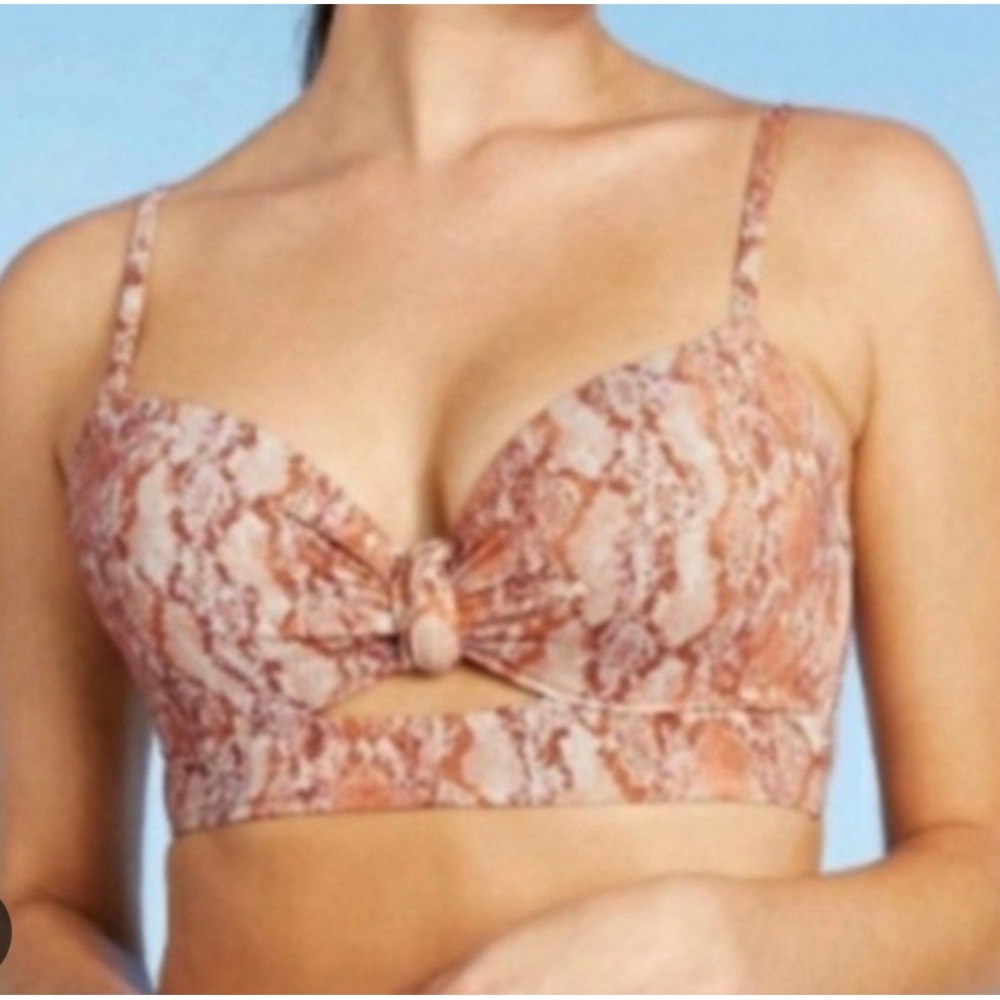 Shade & Shore 34DD Snakeskin Underwire Bikini Top Metallic Brown Knot Tie Back
